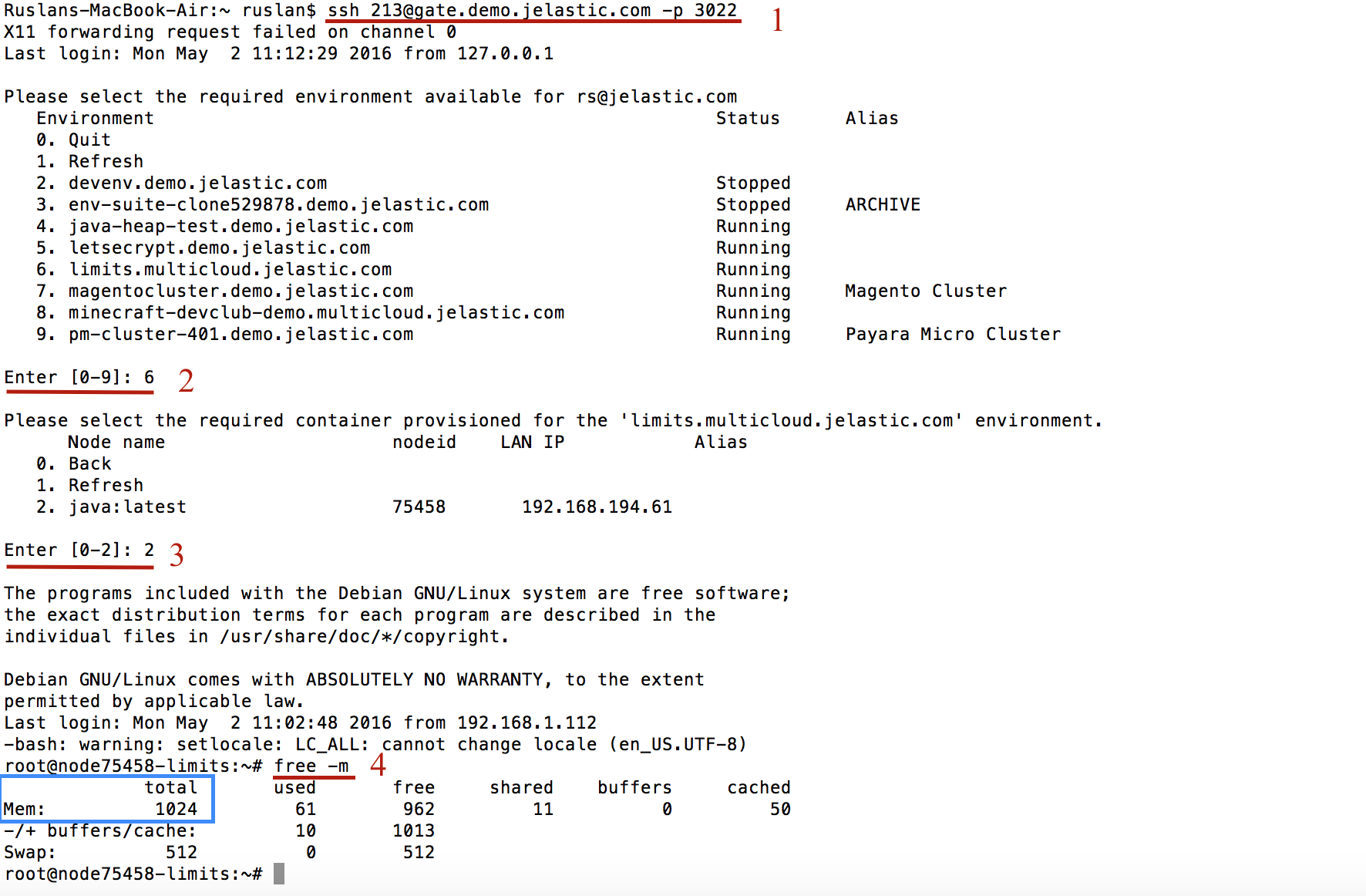 Check available memory with free tool via Jelastic SSH gate
