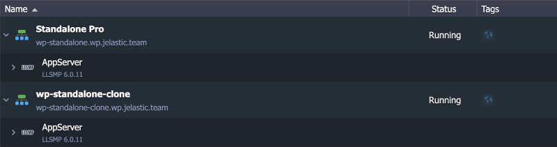 cloned environment in dashboard