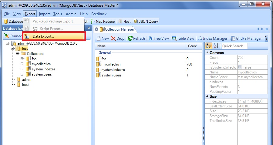 Database Master data export